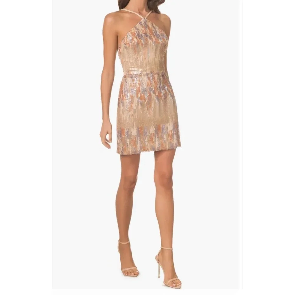 Dress the Population Victoria Sequin Halter Mini Dress Cocktail Party‎ Glam XL